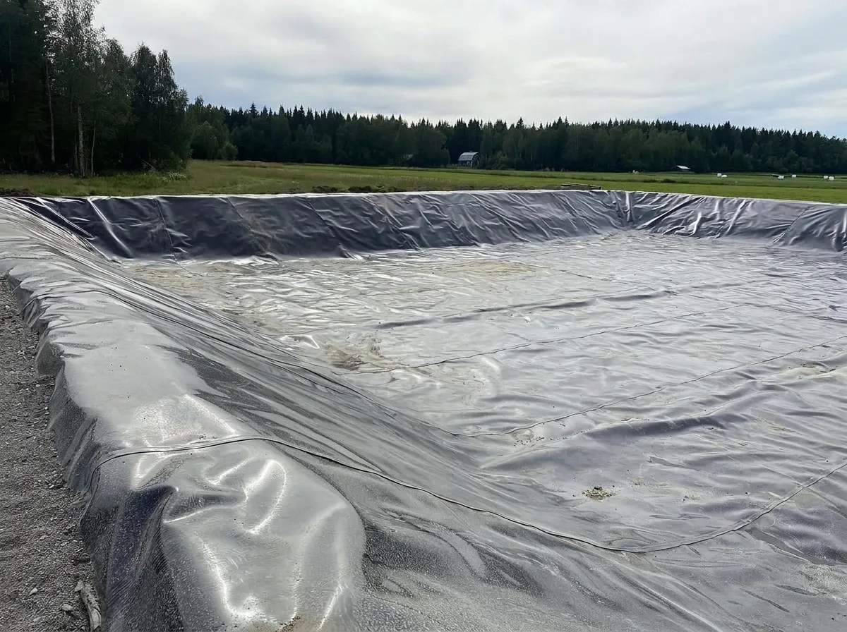 Stor damm täckt med svart geomembran på landsbygden med skog i bakgrunden